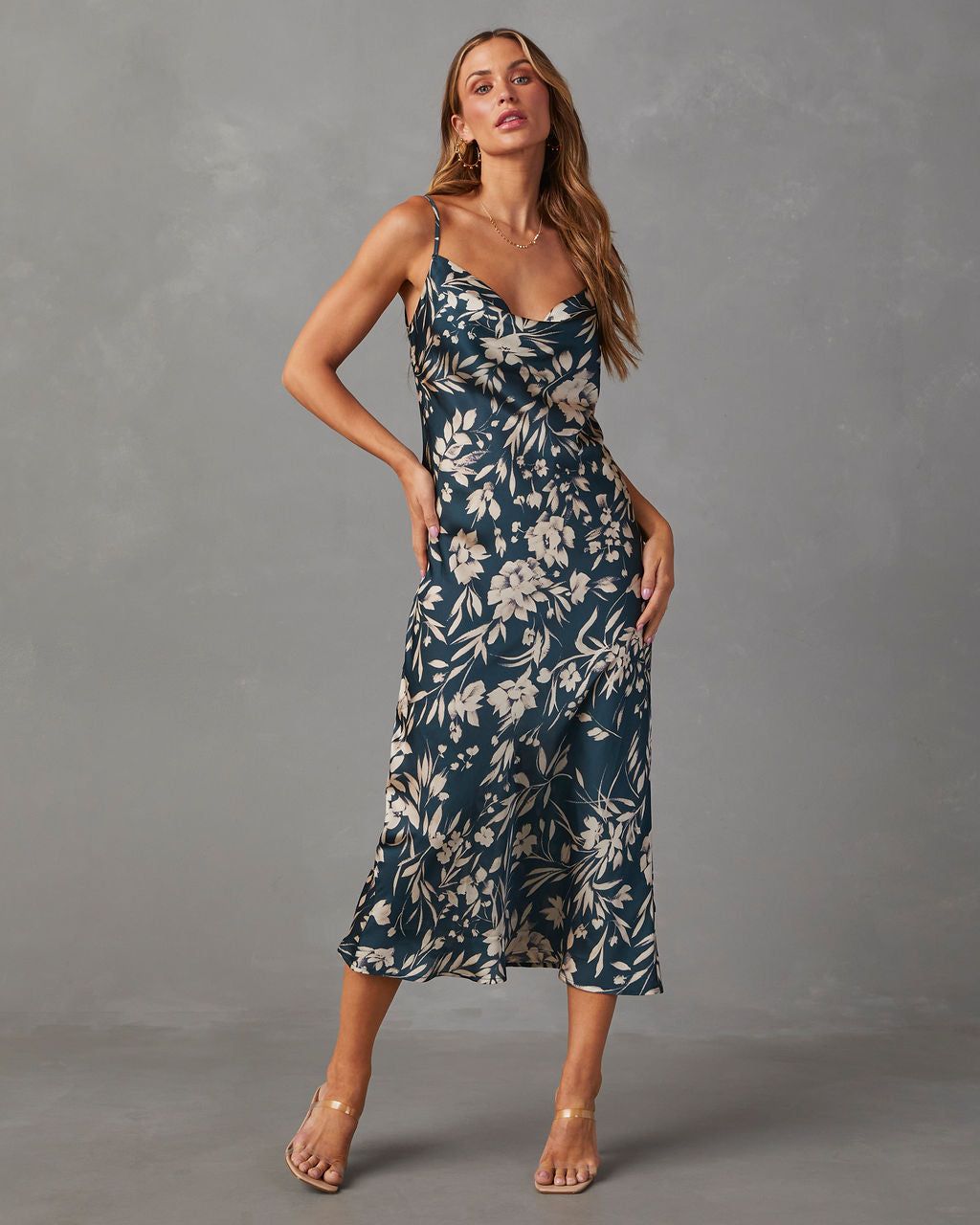Melie Cowl Neck Satin Slip Midi Dress - Indigo sold by Vici product image thumbnail 2