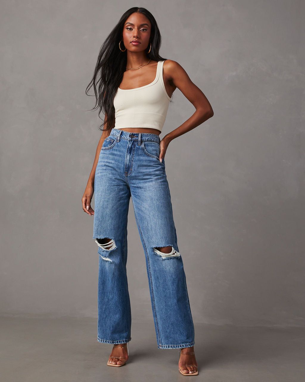 Janae Distressed High Rise Straight Jeans - Medium Wash sold by Vici