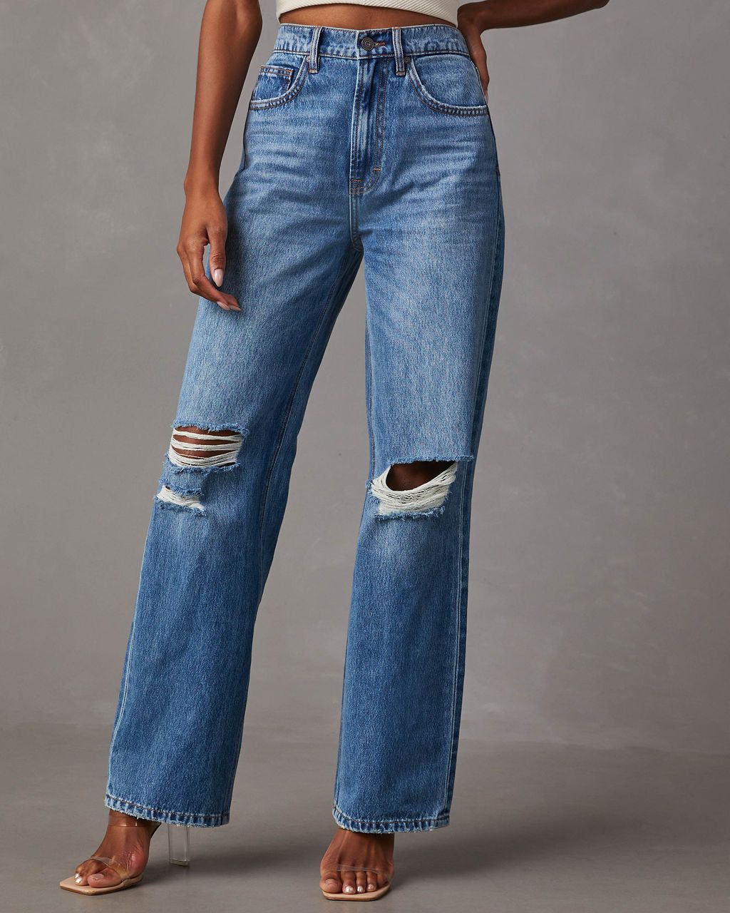 Janae Distressed High Rise Straight Jeans - Medium Wash sold by Vici product image thumbnail 2