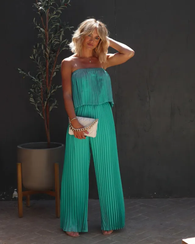 Diva Thoughts Satin Strapless Pleated Jumpsuit sold by Vici