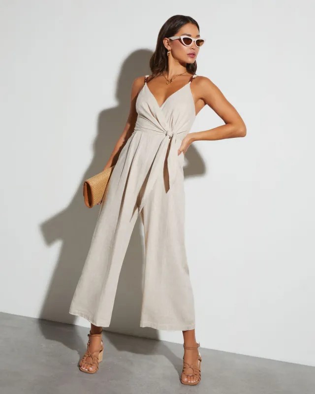 Kenia V-Neck Tie Waist Jumpsuit sold by Vici