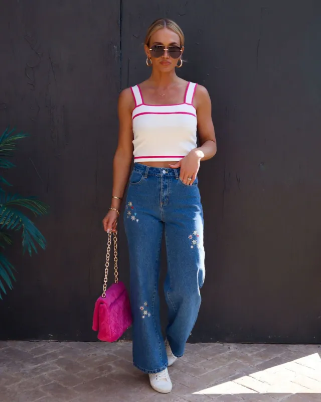 Rave About It High Waisted Floral Embroidered Jeans sold by Vici