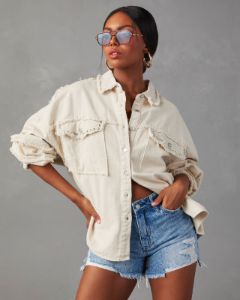 Dolly Cotton Frayed Denim Shacket - Cream - SALE sold by Vici