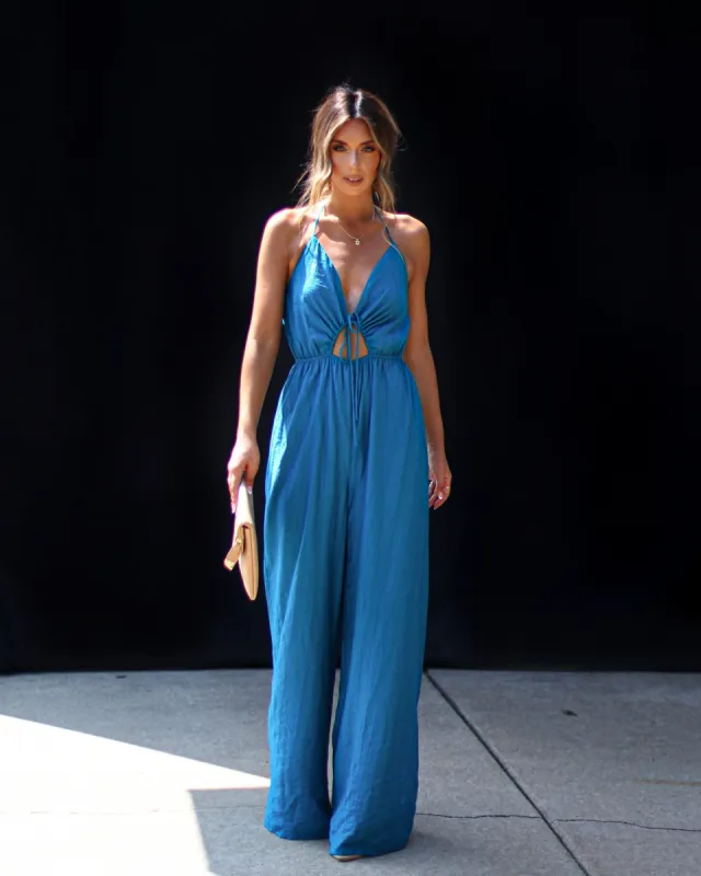 Living Easy Adjustable Halter Jumpsuit - Blue sold by Vici
