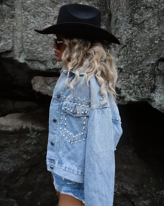 Veda Rhinestone Embellished Denim Jacket sold by Vici