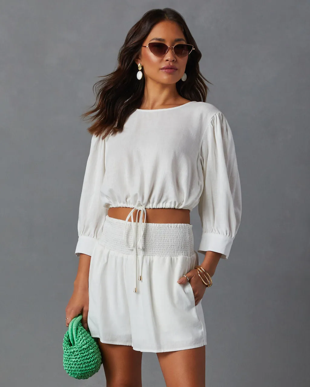 Joelle Linen Blend Front Tie Cropped Blouse sold by Vici