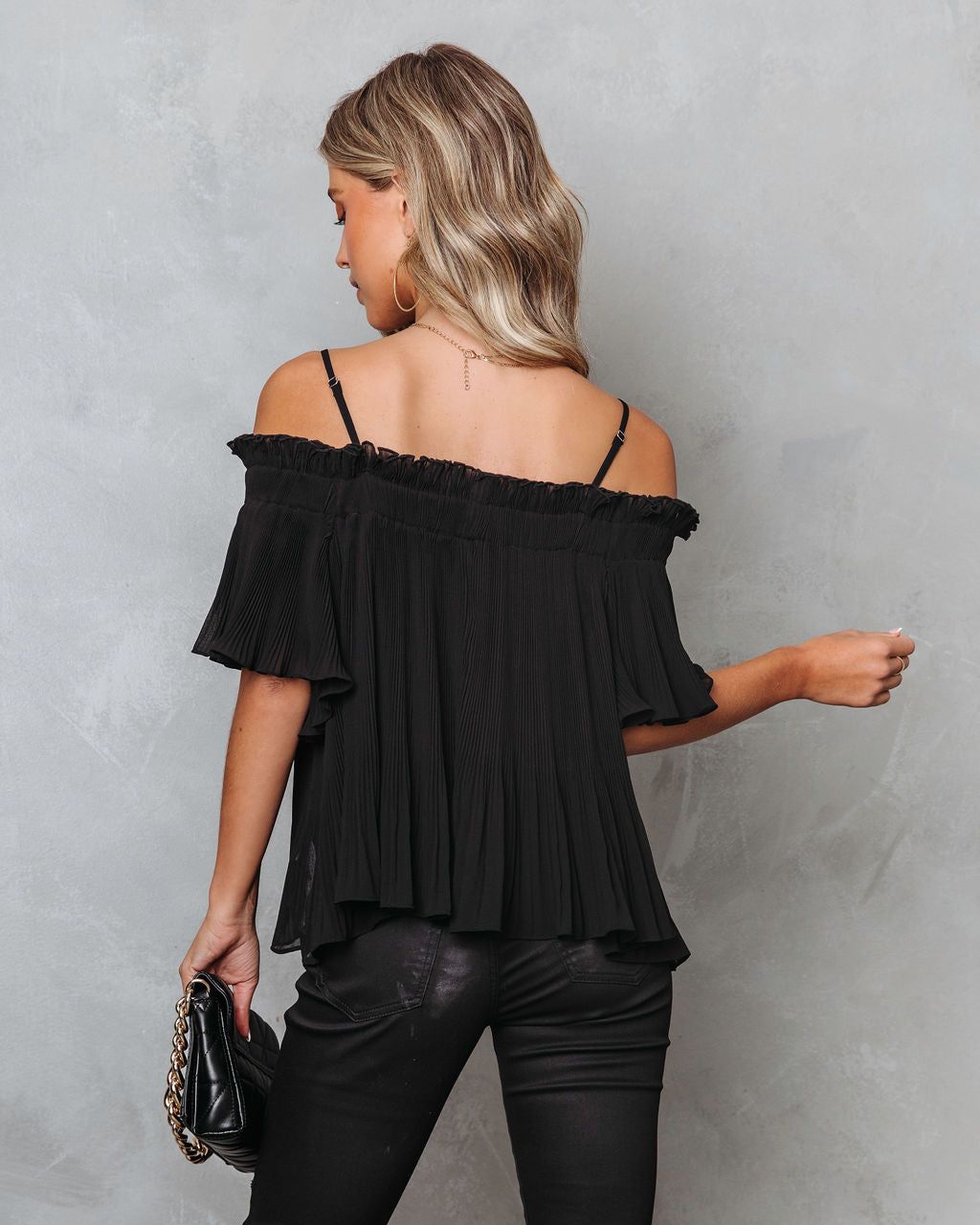 Midnight Sun Chiffon Plisse Cold Shoulder Top - Black - FINAL SALE sold by Vici product image thumbnail 4
