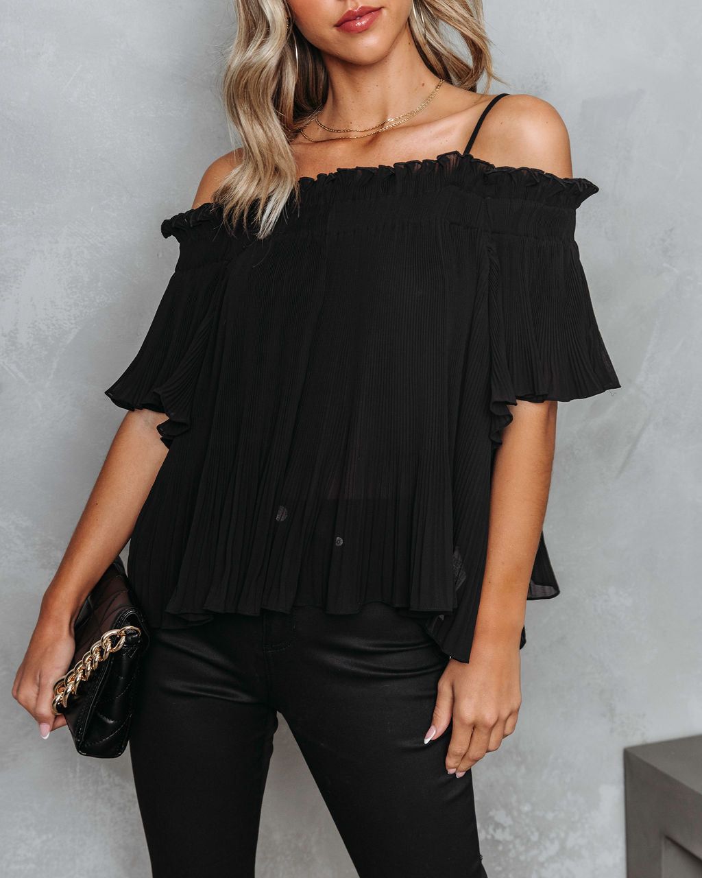 Midnight Sun Chiffon Plisse Cold Shoulder Top - Black - FINAL SALE sold by Vici