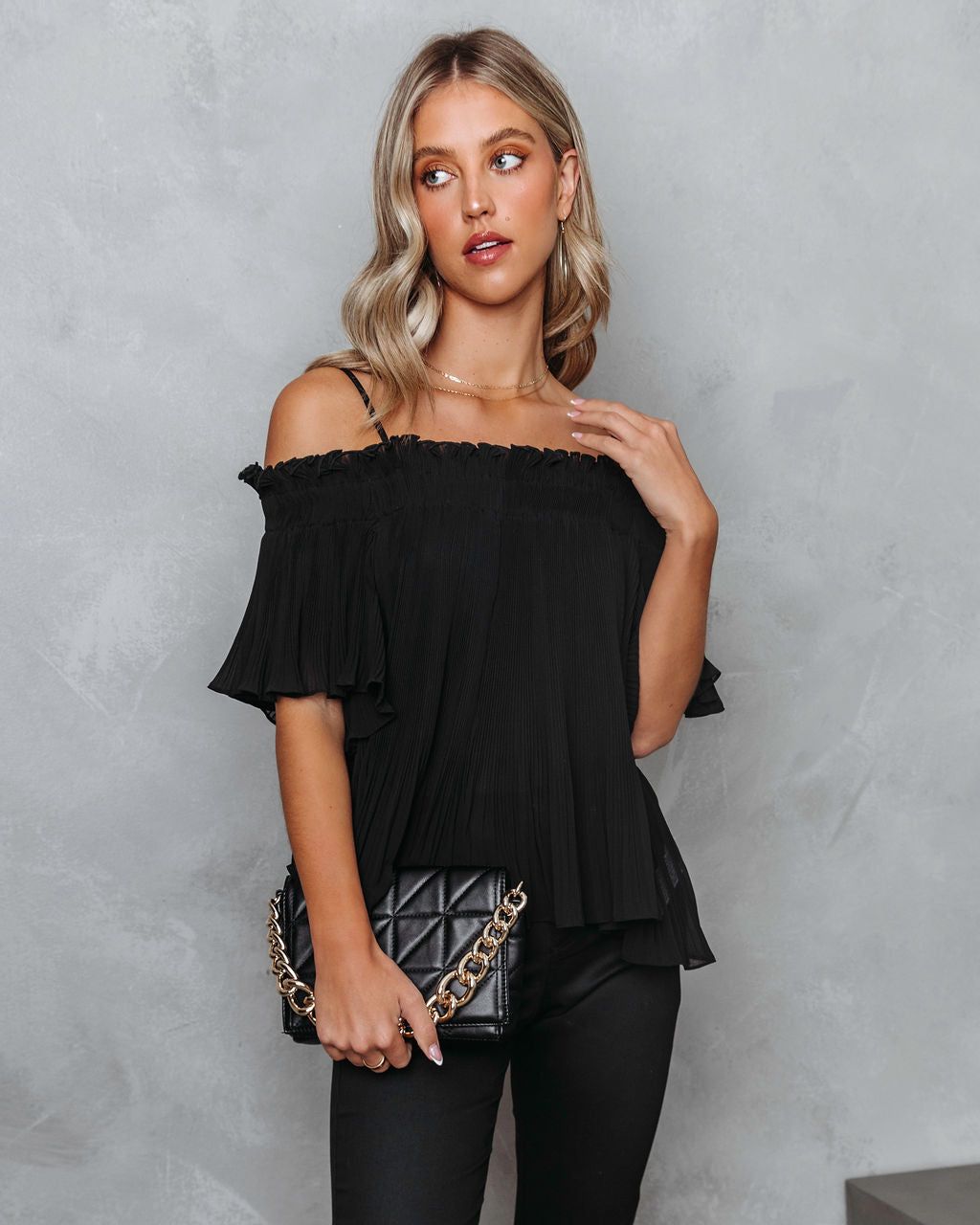 Midnight Sun Chiffon Plisse Cold Shoulder Top - Black - FINAL SALE sold by Vici product image thumbnail 7