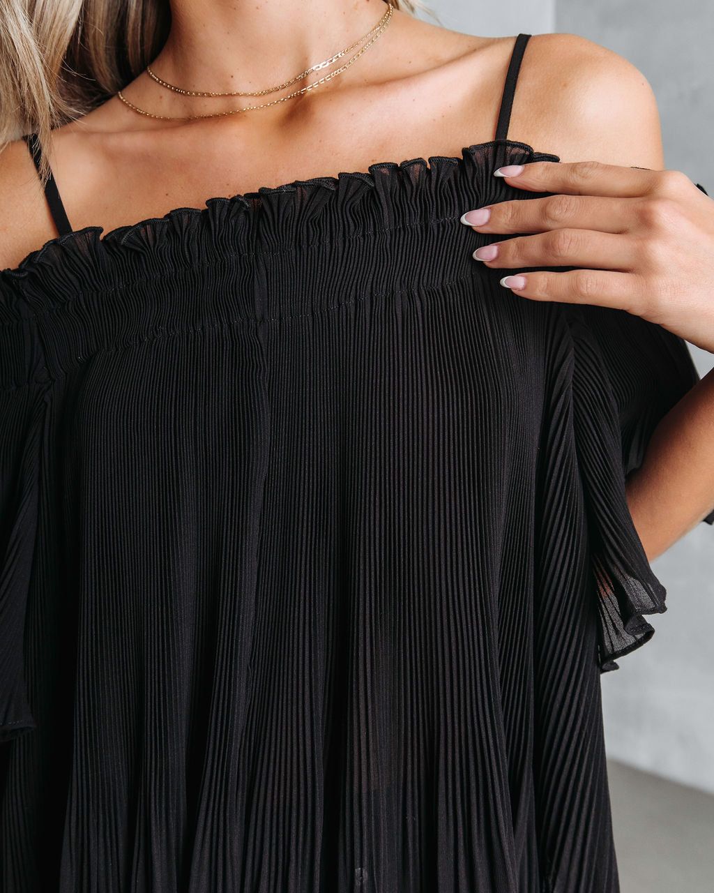 Midnight Sun Chiffon Plisse Cold Shoulder Top - Black - FINAL SALE sold by Vici product image thumbnail 2