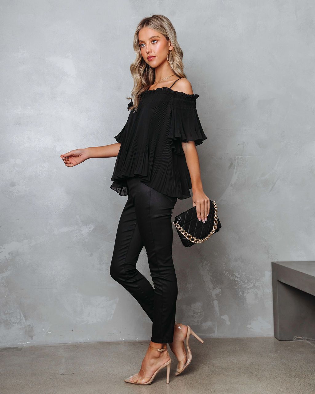 Midnight Sun Chiffon Plisse Cold Shoulder Top - Black - FINAL SALE sold by Vici product image thumbnail 5