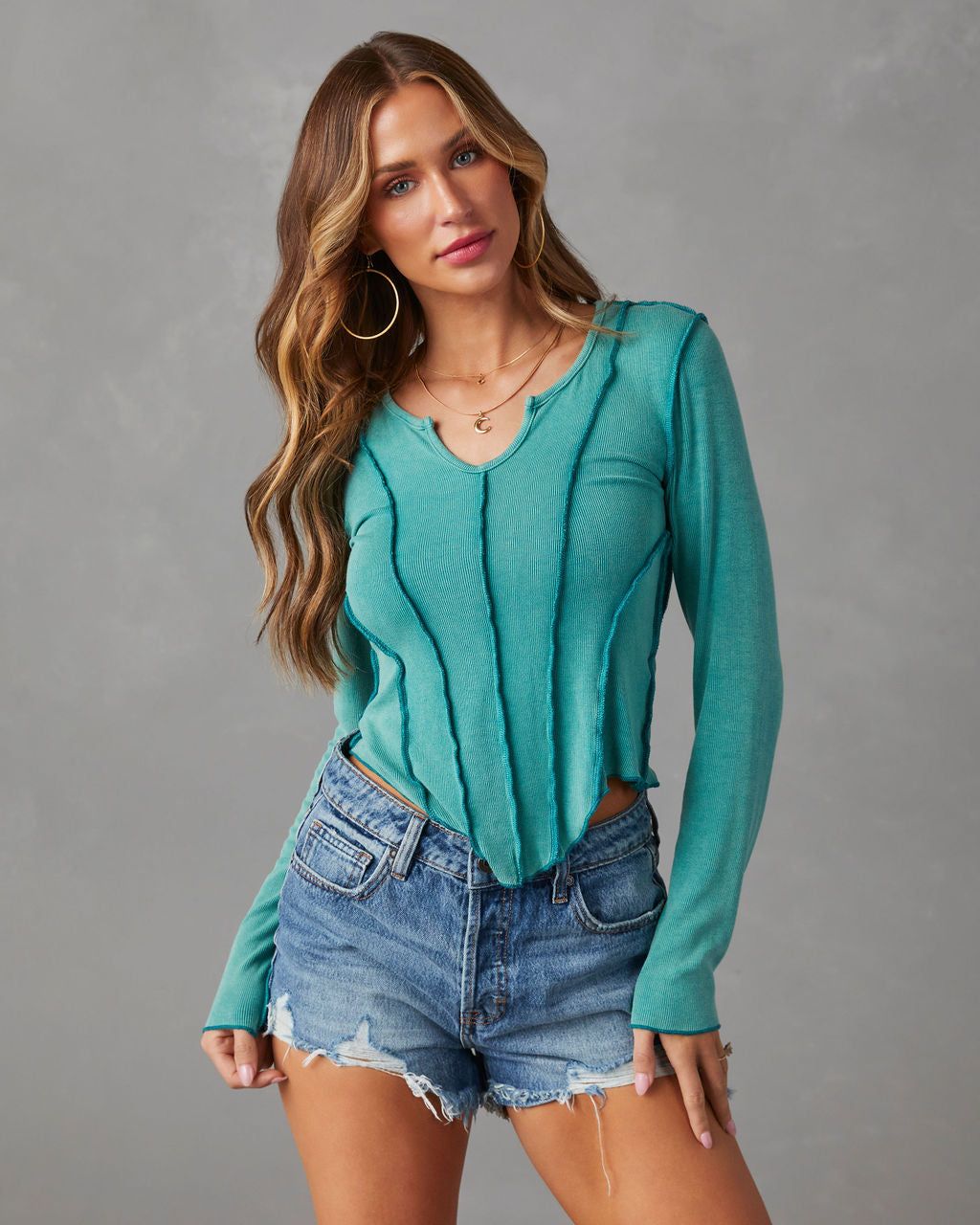 Mestara Ribbed Knit Long Sleeve Top - Teal - SALE sold by Vici