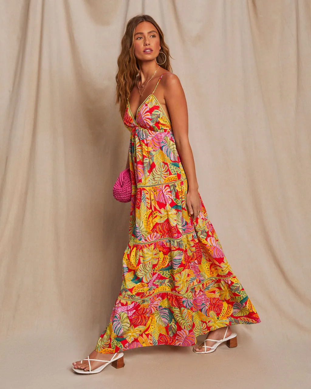 Fiji Tropical Tiered Lattice Trim Maxi Dress sold by Vici product image thumbnail 3