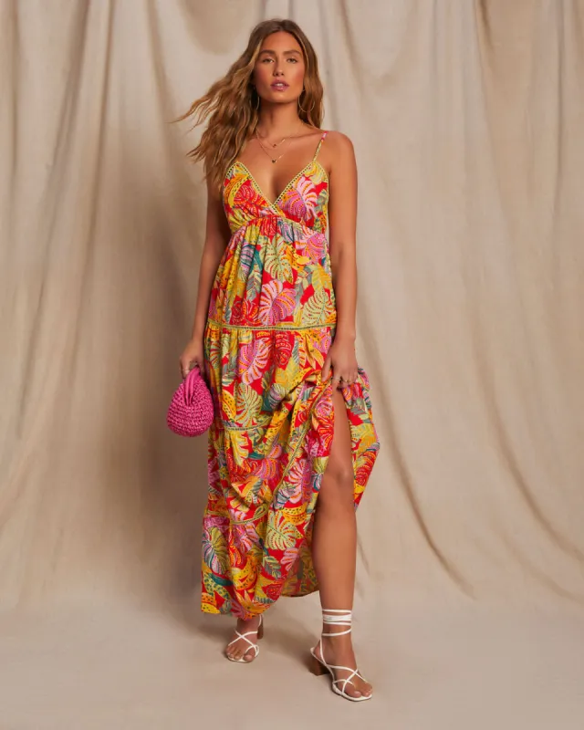 Fiji Tropical Tiered Lattice Trim Maxi Dress sold by Vici