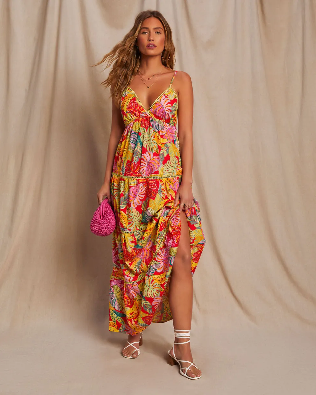 Fiji Tropical Tiered Lattice Trim Maxi Dress sold by Vici