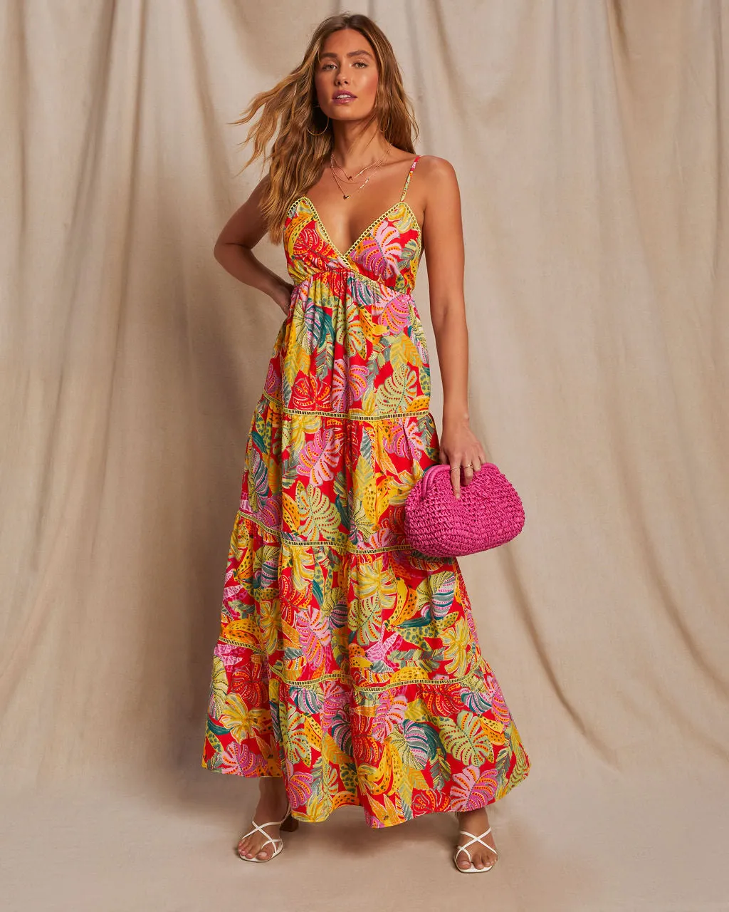 Fiji Tropical Tiered Lattice Trim Maxi Dress sold by Vici product image thumbnail 2