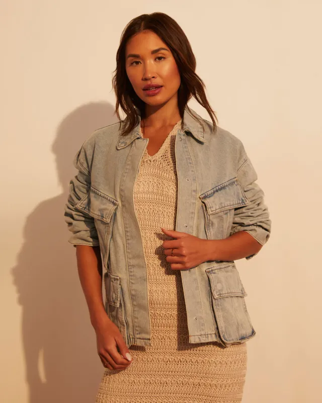 Frontier Pocketed Light Wash Denim Jacket sold by Vici