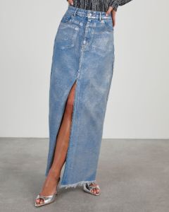 Zeena Metallic Denim Maxi Skirt sold by Vici
