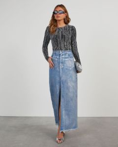 Zeena Metallic Denim Maxi Skirt sold by Vici