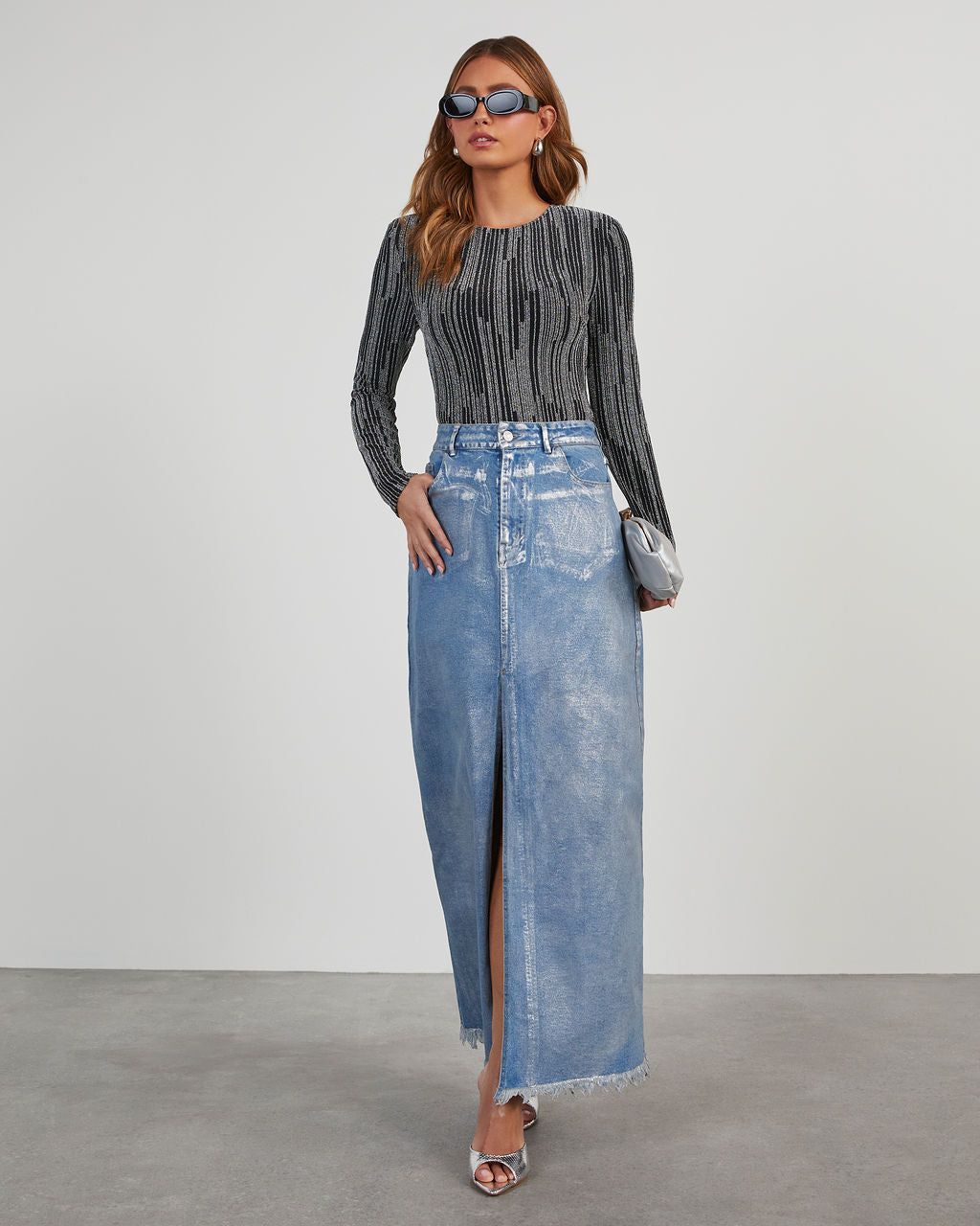 Zeena Metallic Denim Maxi Skirt sold by Vici product image thumbnail 2