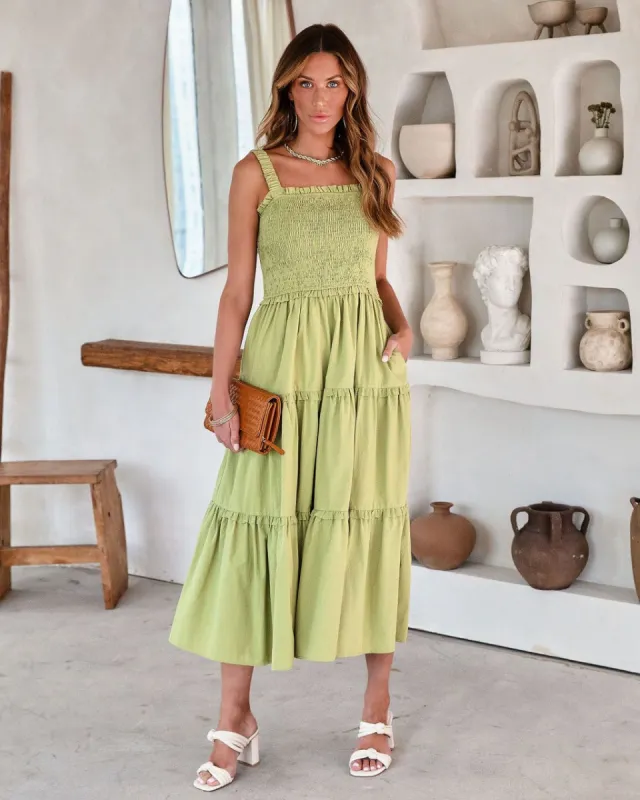 Lorina Smocked Cotton Blend Pocketed Tiered Midi Dress - Avocado - FINAL SALE sold by Vici