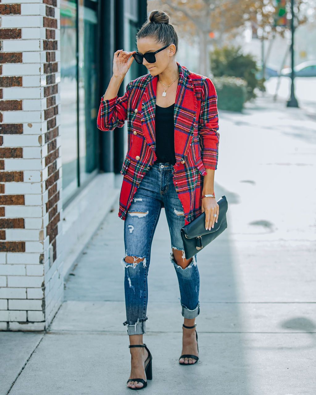 Be Festive Pocketed Plaid Blazer - Red - FINAL SALE sold by Vici
