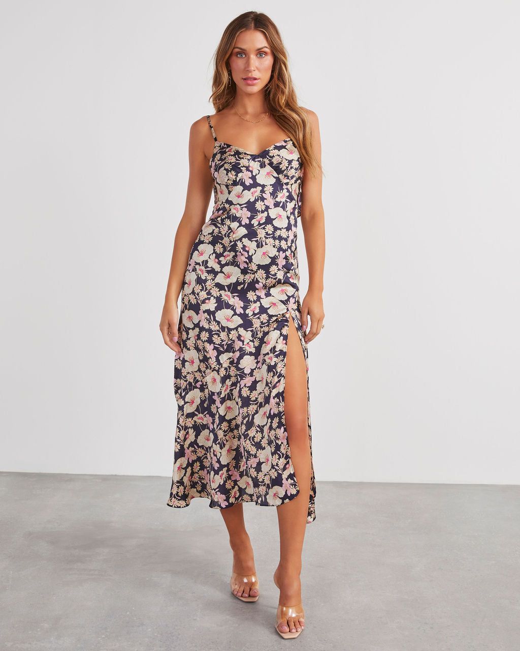 Simply Blooming Satin Slip Midi Dress sold by Vici