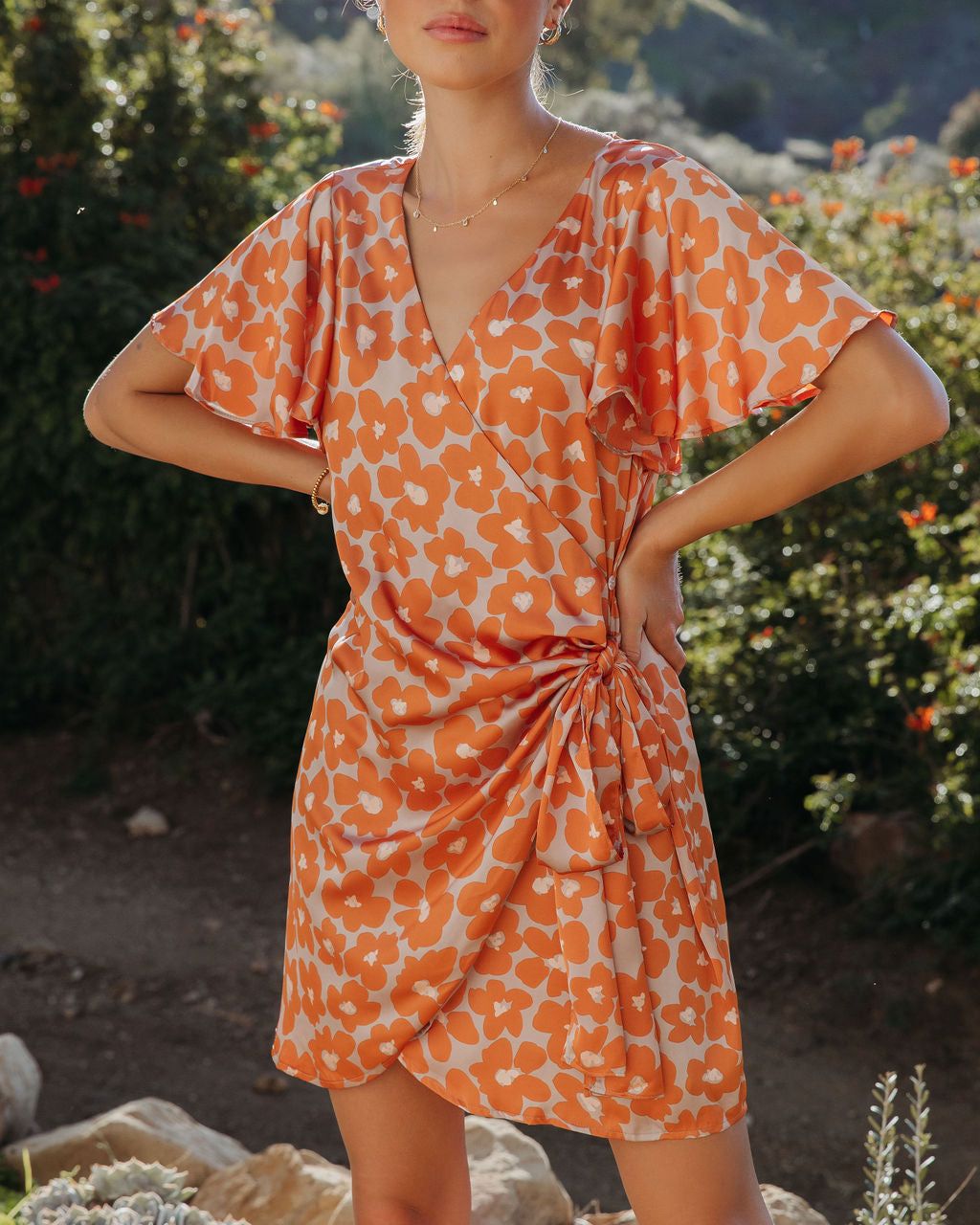Sunsets With You Satin Floral Wrap Mini Dress sold by Vici product image thumbnail 2