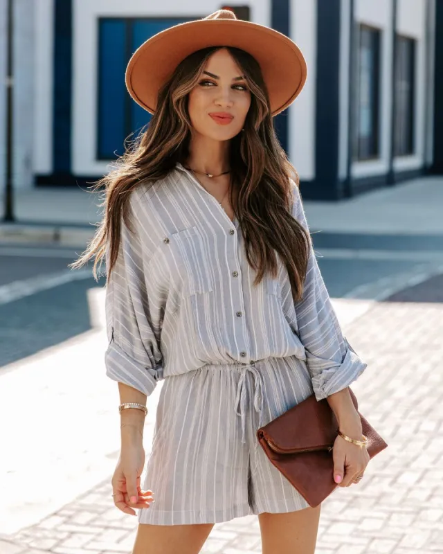 Jairo Pocketed Striped Button Down Romper sold by Vici