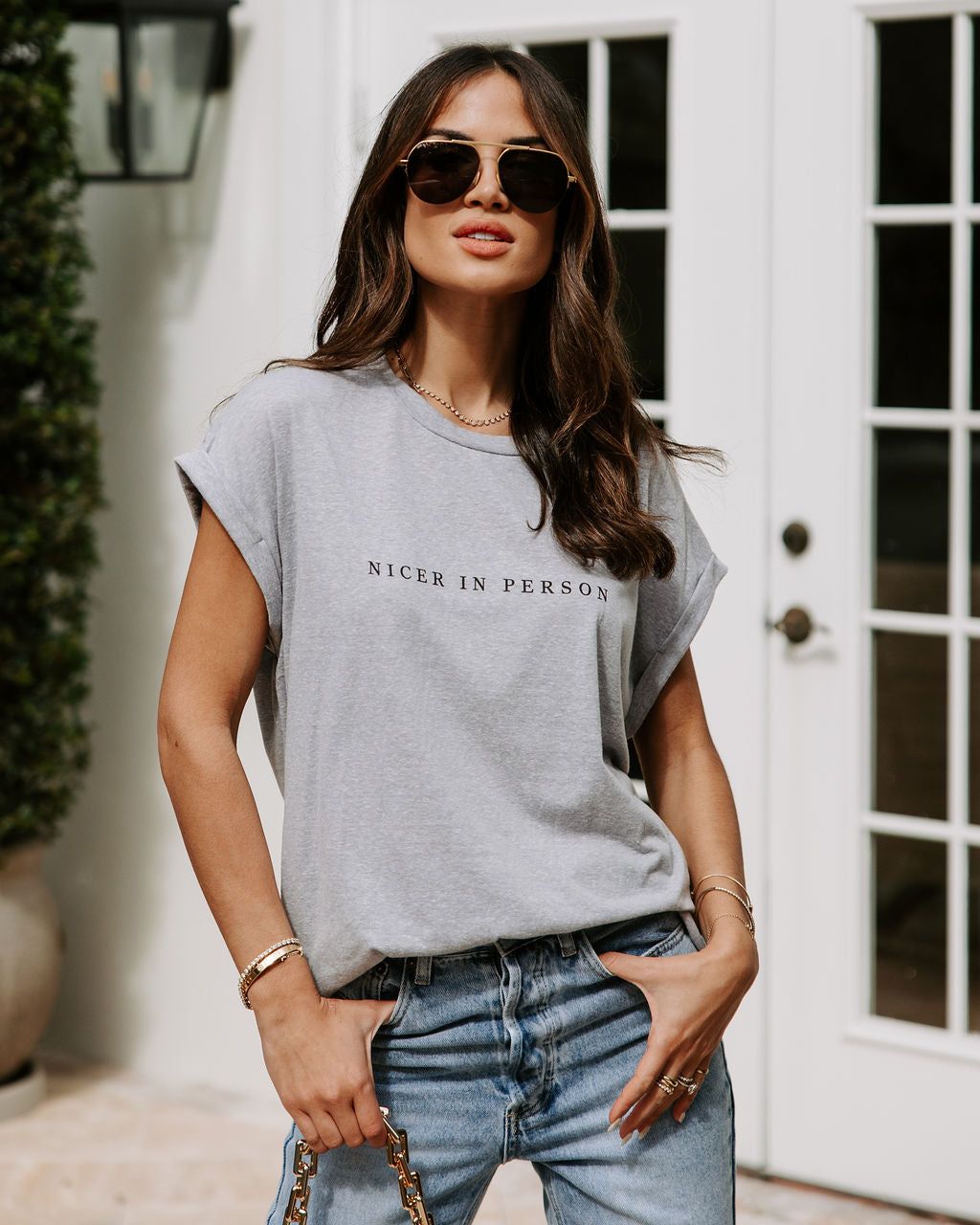 Nicer In Person Cotton Blend Cuffed Tee sold by Vici