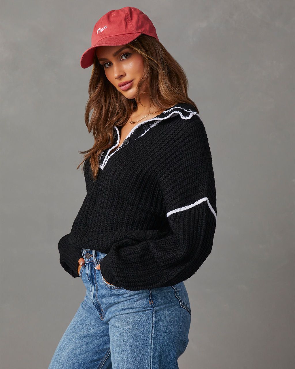 Daria Contrast Stitch Collared Sweater sold by Vici