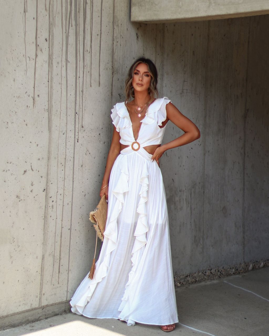 Whitestone Plunge Ruffle Maxi Dress - White - SALE sold by Vici
