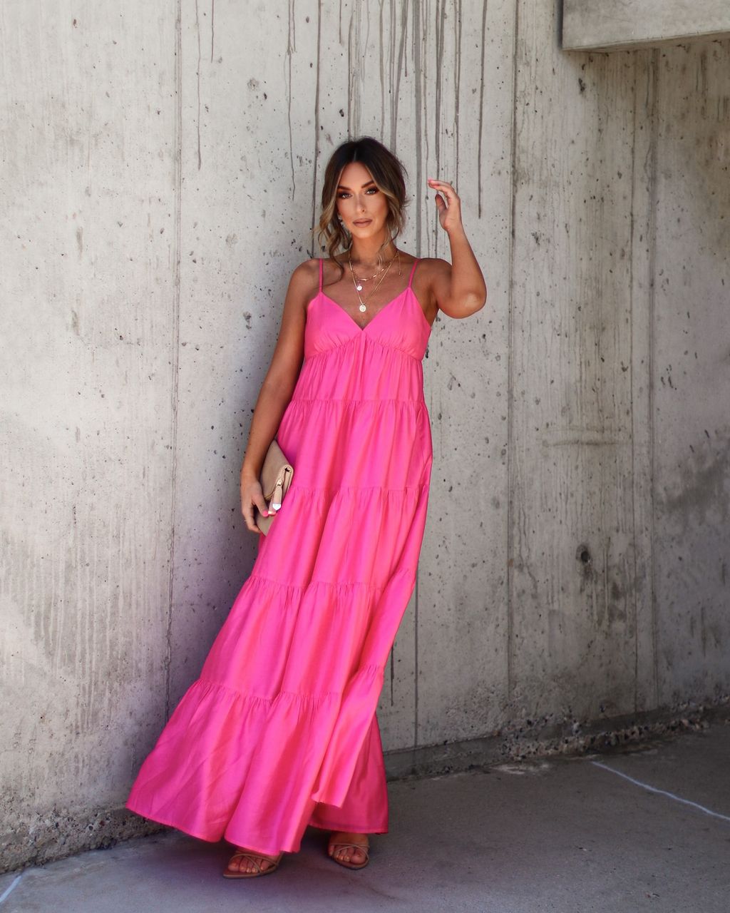 Suzzy Tiered Pocketed Maxi Dress - Hot Pink - FINAL SALE sold by Vici