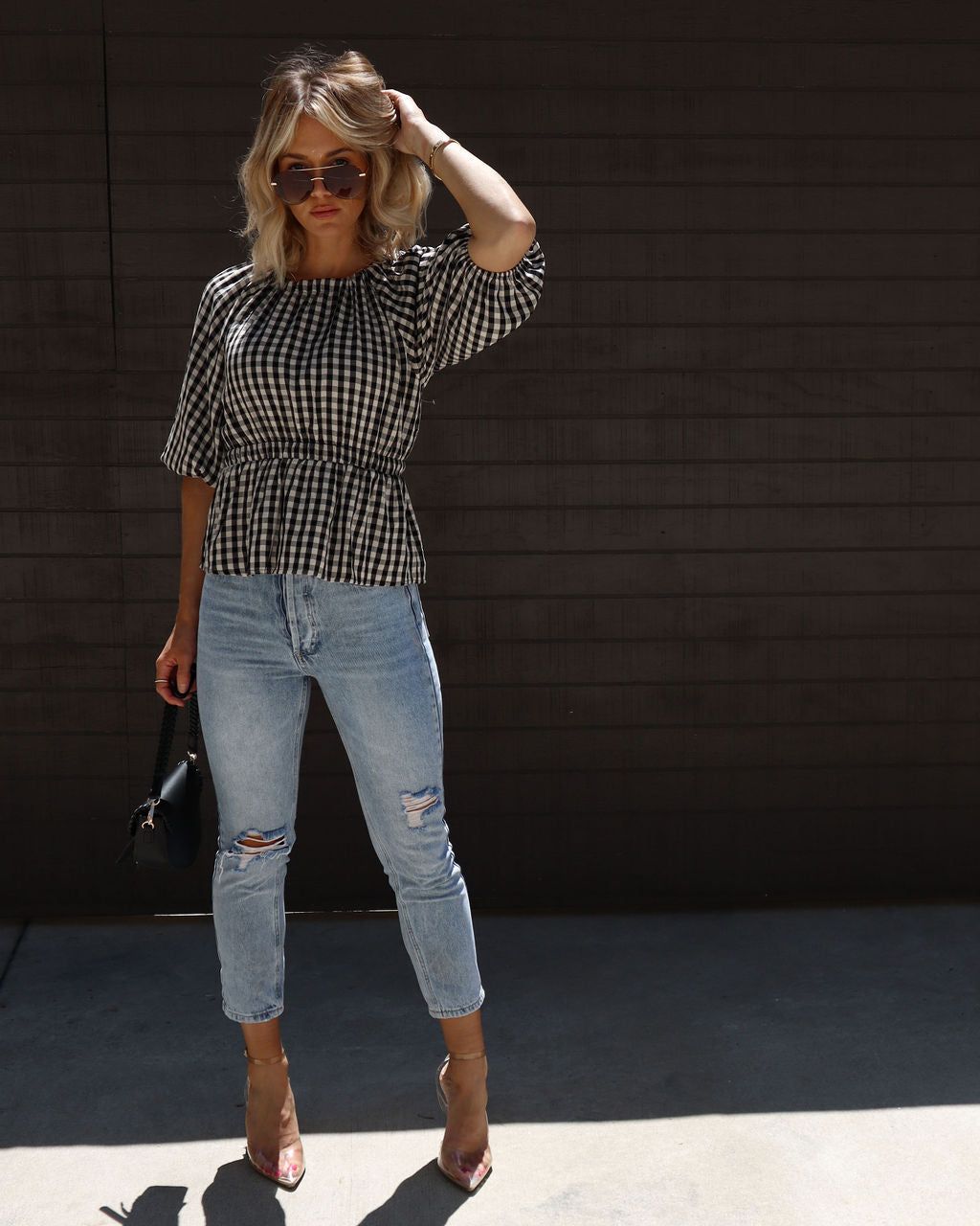 Sylvie Gingham Puff Sleeve Top - Black/Beige - SALE sold by Vici product image thumbnail 6