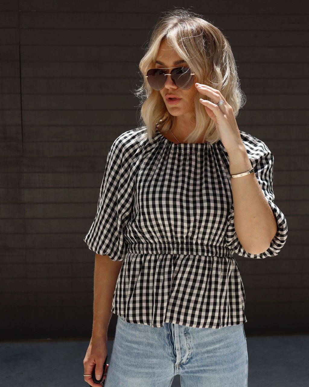 Sylvie Gingham Puff Sleeve Top - Black/Beige - SALE sold by Vici product image thumbnail 7