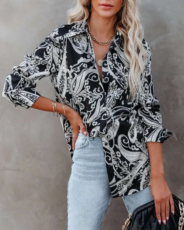 Silverton Satin Paisley Button Down Top - Black - FINAL SALE sold by Vici