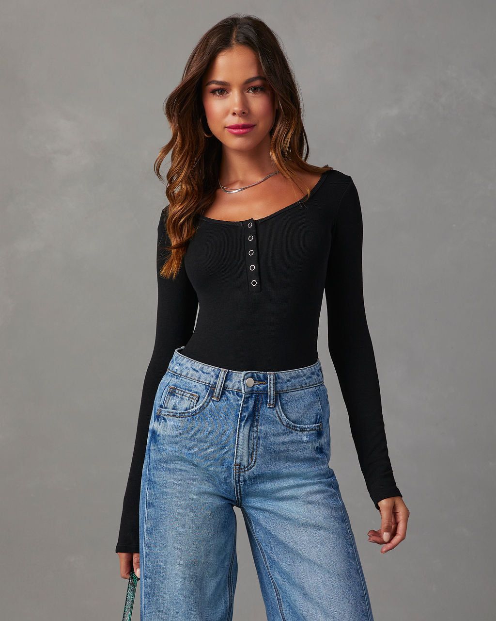 Venus Ribbed Knit Henley Bodysuit - Black sold by Vici product image thumbnail 2