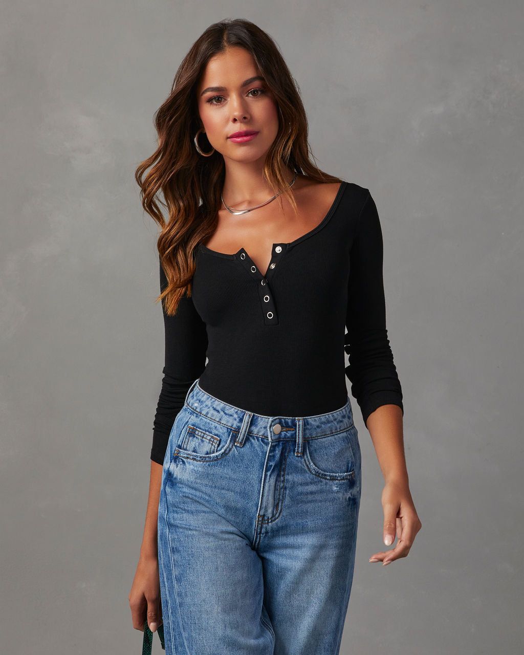 Venus Ribbed Knit Henley Bodysuit - Black sold by Vici product image thumbnail 5