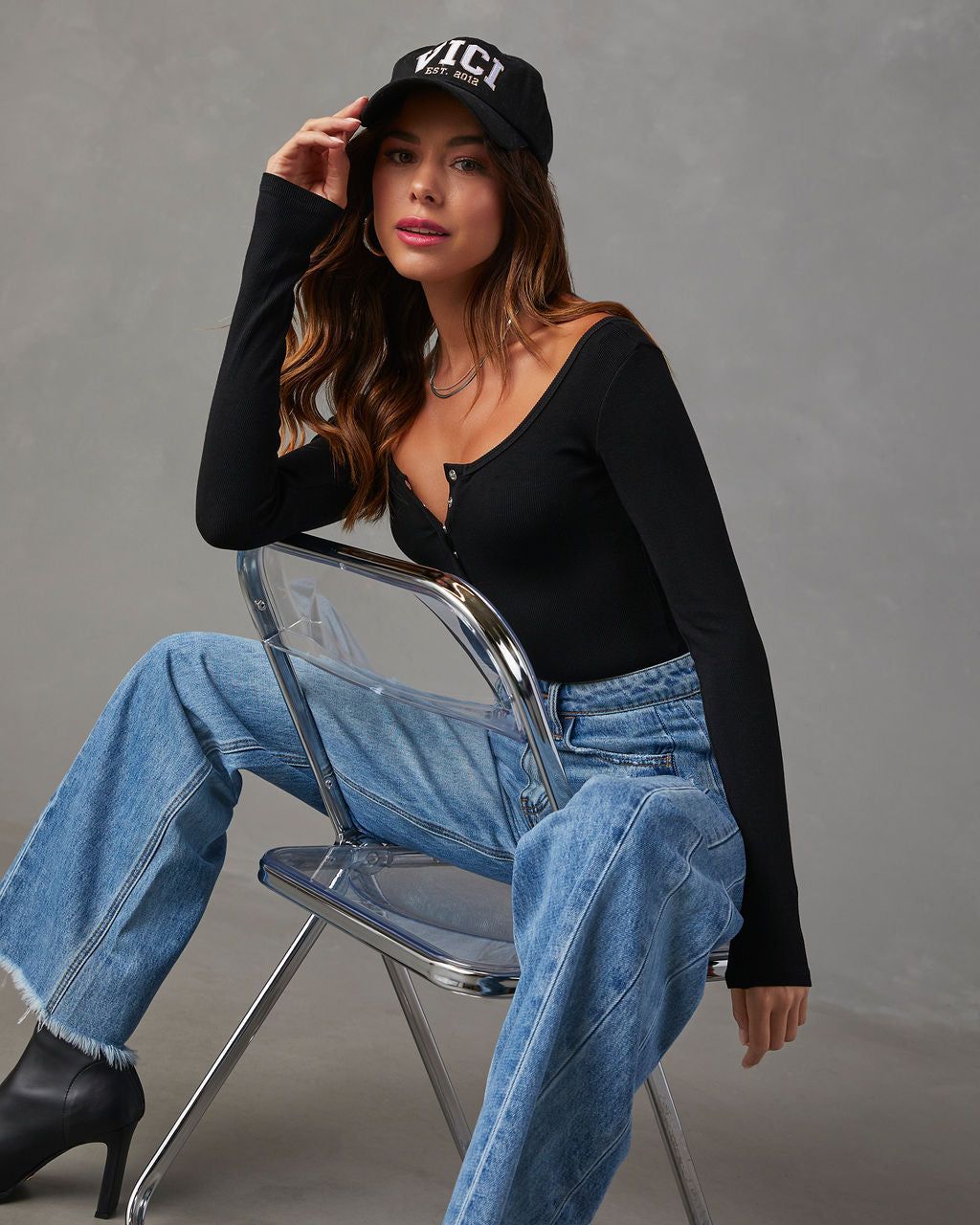 Venus Ribbed Knit Henley Bodysuit - Black sold by Vici product image thumbnail 3