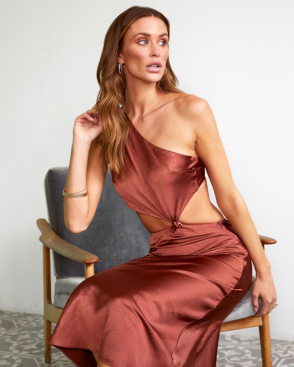 Cosmia Satin Cutout Midi Dress - Cognac - FINAL SALE sold by Vici product image thumbnail 7
