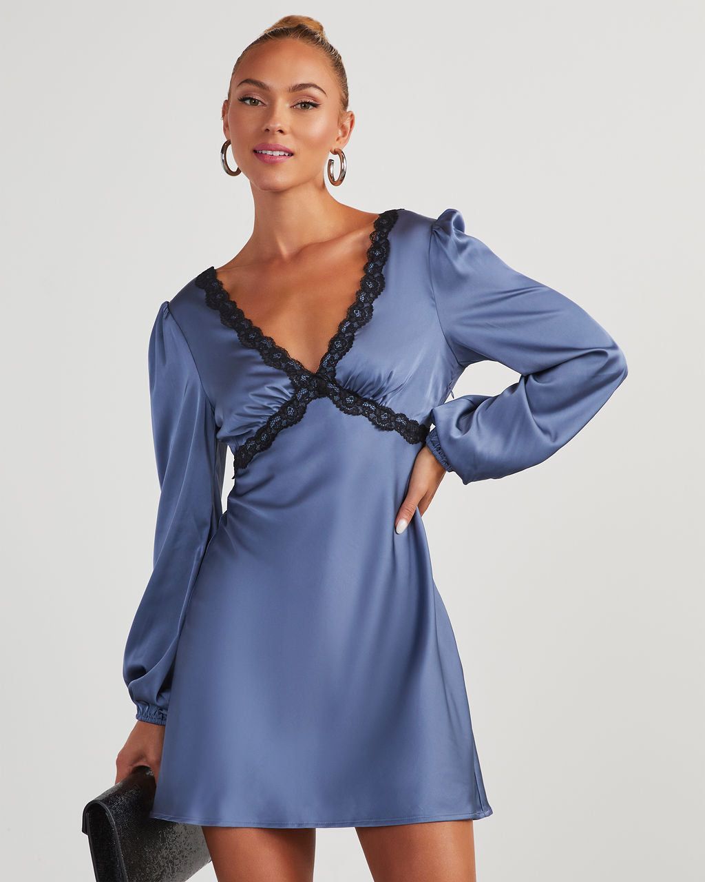Jazzy Satin Lace Trim Long Sleeve Mini Dress - Slate Blue sold by Vici product image thumbnail 5