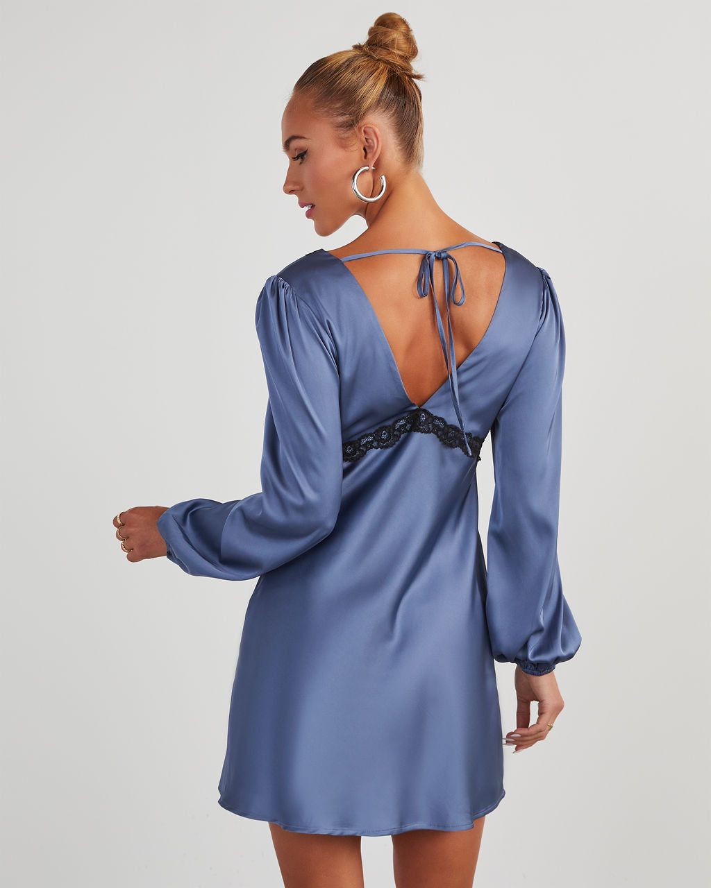 Jazzy Satin Lace Trim Long Sleeve Mini Dress - Slate Blue sold by Vici product image thumbnail 4