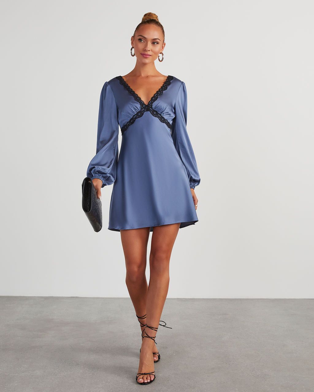 Jazzy Satin Lace Trim Long Sleeve Mini Dress - Slate Blue sold by Vici