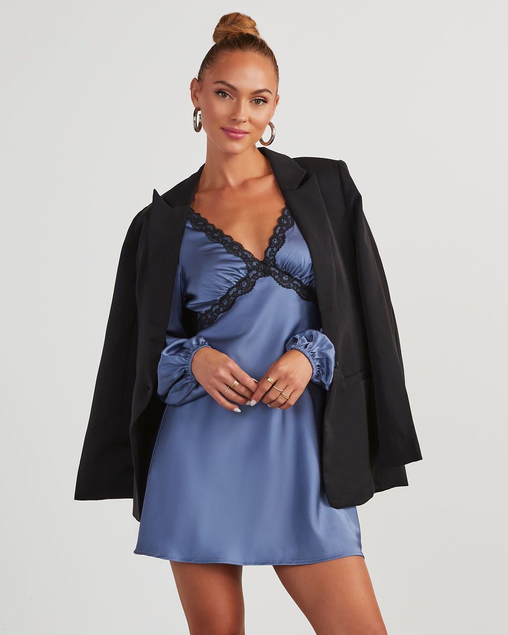 Jazzy Satin Lace Trim Long Sleeve Mini Dress - Slate Blue sold by Vici product image thumbnail 2