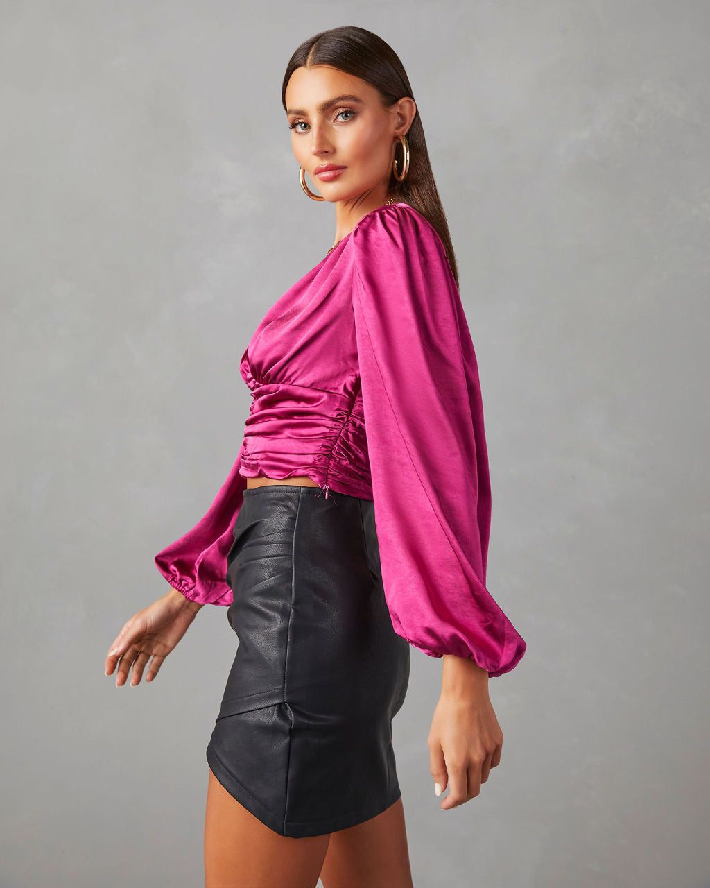 Aubriella Satin Ruched Long Sleeve Top - Berry - FINAL SALE sold by Vici product image thumbnail 4