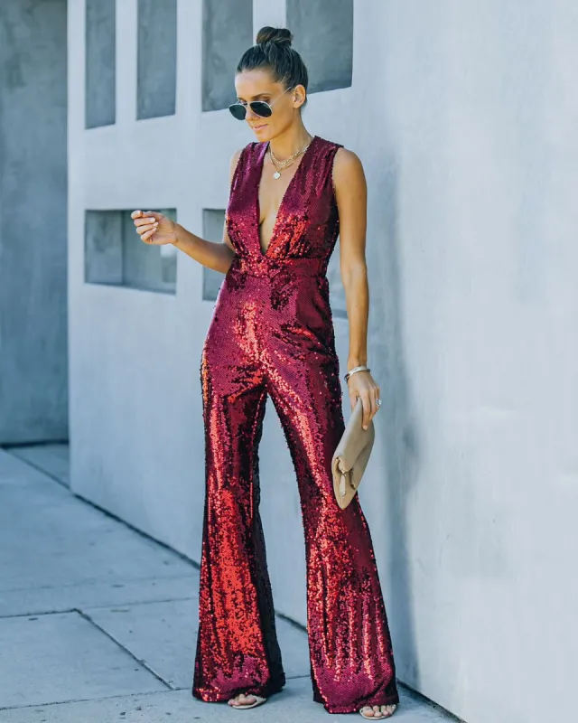 Dancing On Air Sequin Jumpsuit - Burgundy - FINAL SALE sold by Vici