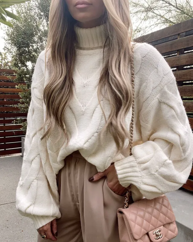 Parkland Cable Knit Turtleneck Sweater - Snow - FINAL SALE sold by Vici