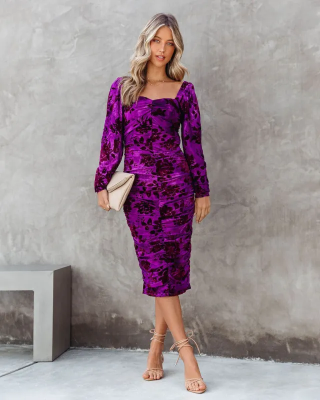 Cheers To Me Ruched Floral Velvet Midi Dress sold by Vici