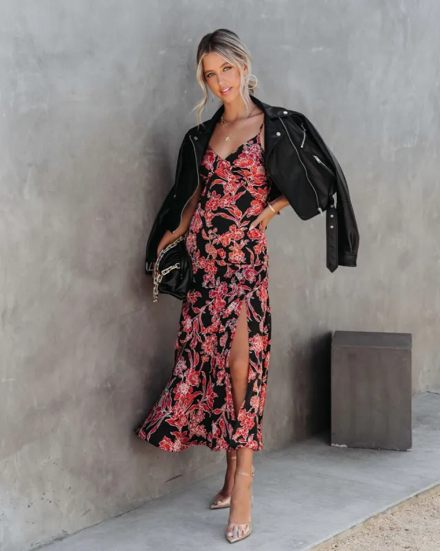 Beautiful Mystery Satin Floral Midi Dress sold by Vici