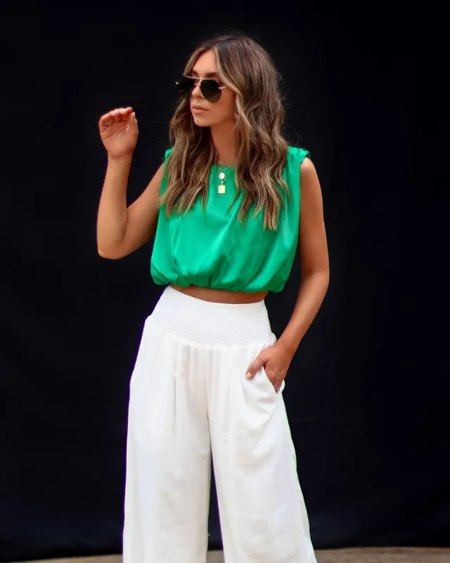 Fancy Shenanigans Satin Padded Shoulder Crop Top - Emerald - FINAL SALE sold by Vici